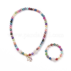 Ensembles de bracelets et colliers à thème licorne pour enfants, bracelets extensibles en perles acryliques et colliers pendentifs en alliage d'émail, couleur mixte, collier : 17.32 pouce (44 cm), bracelet : 1-3/4 pouce (4.4 cm)