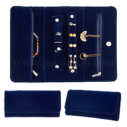 長方形のベルベットのジュエリー収納ポーチ  ジュエリーオーガナイザージッパーバッグ  スナップボタン付き財布  ミッドナイトブルー  折りたたみ：10x22x2.8cm