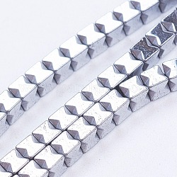 Electroplate Non-Magnetic Synthetic Hematite Beads Strands, Cube, Platinum Plated, 3x3x3mm, Hole: 0.5mm, about 132pcs/strand, 15.7 inch(9.8cm)