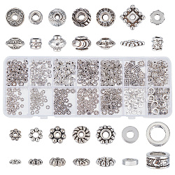 PandaHall Elite 420Pcs 14 Styles Tibetan Style Spacer Beads, Donut & Square & Daisy, Mixed Shapes, Antique Silver, 4.5~8x1.5~6.3mm, Hole: 1~5mm, 30pcs/style 