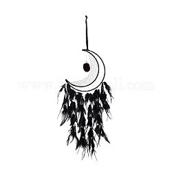 Moon Woven Net/Web with Feather Pendant Decoration, Druzy Agate Charm Hanging Wall Decoration, for Home Bedroom Car Ornaments Birthday Gift, Black, 810mm