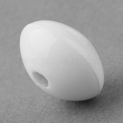 Abalorios de porcelana hechas a mano, porcelánico esmaltado brillante, rerondana plana, blanco, 15x10mm, agujero: 4 mm