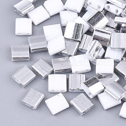 Electroplate Opaque Glass Seed Beads, 2-Hole, Rectangle, Silver Plated, White, 5x4.5~5.5x2~2.5mm, Hole: 0.5~0.8mm