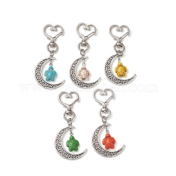 Moon Tibetan Style Alloy Pendant Decorations, with Dyed Synthetic Turquoise and Alloy Swivel Lobster Clasps, Sea Turtle, Mixed Color, 77mm