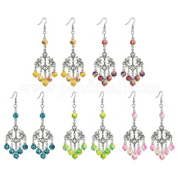 Kronleuchter-Ohrringe aus Legierung mit Blumenmuster, Lange Tropfenohrringe aus synthetischen türkisfarbenen runden Perlen für Damen, Mischfarbe, 94.5x29 mm