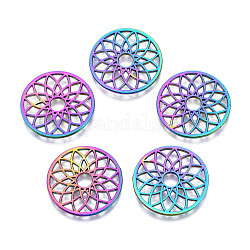 Rack Plating Rainbow Color Alloy Pendants, Cadmium Free & Nickel Free & Lead Free, Flat Round with Lotus, 24.5x1.5mm, Hole: 4.5mm