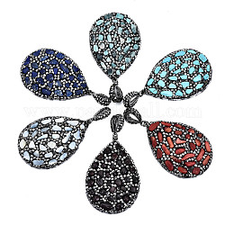 Polymer Clay Rhinestone Pendants, with Gemstone Chip/Natural Shell Chip and PU Leather, Teardrop, Gunmetal, 53~56x37~39x6~8mm, PP12(1.8~1.9mm), Hole: 9x5mm