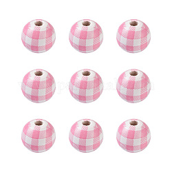 Natürliche Holzperlen, karierte Perlen, Tartanmuster, Runde, rosa, 5/8 Zoll (16 mm), Bohrung: 4 mm