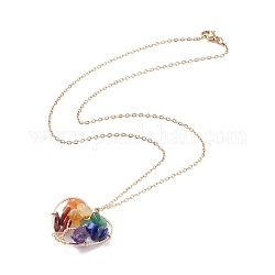 Collier pendentif cœur avec éclats de pierres précieuses naturelles et arbre de vie, bijoux en fil de laiton pour femmes, or clair, 17.72 pouce (45 cm)
