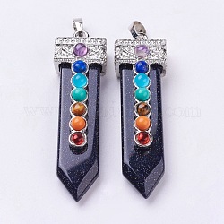 Synthetic Blue Goldstone with Synthetic & Natural Mixed Stone Chakra Big Pendants, Sword, Platinum, 57~60x16.5x12mm, Hole: 5mm