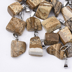 天然石ピクチャージャスパーペンダント  ステンレススチール製のベールスナップ付き  ナゲット  15~35x10~20x5~15mm  穴：3x7.5mm
