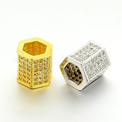 Brass Micro Pave Cubic Zirconia Large Hole European Beads, Hexagon, Cadmium Free & Lead Free, Mixed Color, 9x8mm, Hole: 5mm