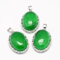 Natürliche Malaysia Jade Anhänger, mit Messing-Zubehör, Oval, Platin Farbe, 30x21x10~11 mm, Bohrung: 6x4 mm