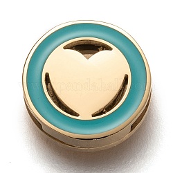 Breloques coulissantes en 304 acier inoxydable, Style émail, plat et circulaire avec coeur, turquoise foncé, or, 12x3.5mm, Trou: 8x1.5mm