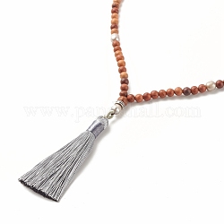 Collar budista, collar de perlas naturales y cuentas de madera con colgante de borla de poliéster para mujer, coco marrón, 25.98 pulgada (66 cm)