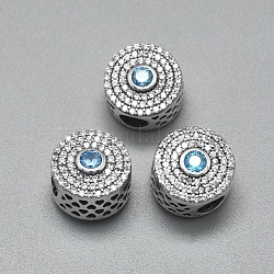 925 sterlina perline argento europeo, con zirconi, perline con foro grande, scolpito 925, rotondo e piatto, platino, cielo blu profondo, 12.5x9.5mm, Foro: 4.5 mm