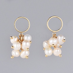 Dangle Stud Earrings, Cluster Earrings, with Natural Freshwater Pearl Beads, Brass Findings and Plastic Ear Nuts, Real 18K Gold Plated, 27mm, Pin: 0.8mm