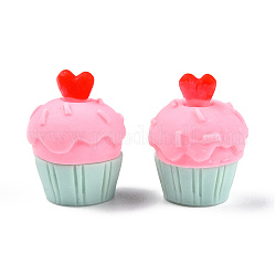 Opaque Resin Decoden Cabochons, Imitation Food, Cupcake with Heart, Hot Pink, 22~22.5x17~18x17~18mm