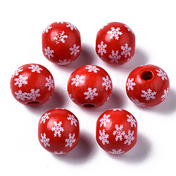 Perles européennes en bois naturel peint, Perles avec un grand trou   , imprimé, Noël, rond avec flocon de neige, rouge, 16x15mm, Trou: 4mm