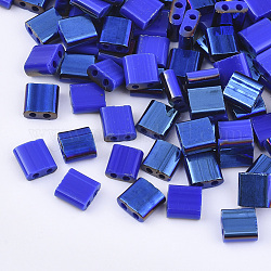2ホールガラスシードビーズ  ハーフブルーメッキカラー  正方形  ブルー  5x4.5~5.5x2~2.5mm  穴：0.5~0.8mm  約118個/10g