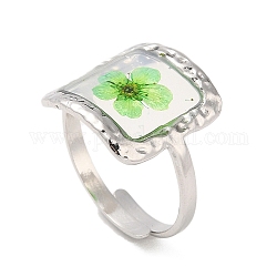 Pale Green Square Epoxy Resin with Dry Flower Adjustable Rings, 316 Surgical Stainless Steel Ring, Stainless Steel Color, Inner Diameter: 17mm