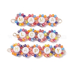 3Pcs 3 Styles Electroplate Glass Copper Wire Wrapped Connector Charms, with Acrylic Beads, Real 18K Gold Plated, Flower with Word Mama & Love & Happy, Mixed Color, 48.5~59x13x3.5mm, Hole: 1.2~2.6mm, 1pc/style