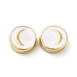 Perline di smalto in lega di placcatura a cremagliera, piatta e rotonda con la luna, oro, bianco, 10~10.5x4mm, Foro: 1.4 mm