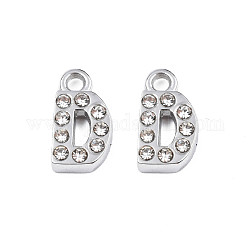 304 Stainless Steel Charms, with Crystal Rhinestone, Letter, Letter.D, 10~10.5x2~8x2mm, Hole: 1.2mm