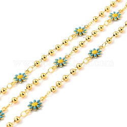Handgefertigte Messinggliederketten, mit runden Perlen, langlebig plattiert, gelötet, mit Spule, Blume mit Emaille, golden, Zyan, Link: 13x7.5x2.5 mm, 3 mm