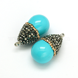 Dyed Shell Pearl Drop Pendants, with Platinum Plated Brass Findings and Czech Rhinestone, Sky Blue, 32~35x16mm, Hole: 1mm
