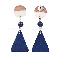 Boucles d'oreille, avec des perles de lapis-lazuli naturel, pendentifs en bois de poirier, pendentifs en résine et bois et pièces en laiton, plat rond et triangle, bleu foncé, 67~68mm, pin: 0.6 mm