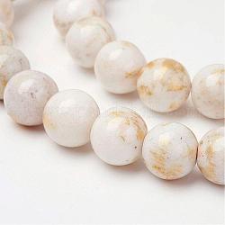Chapelets de perles en jade Mashan naturel, avec de la poudre d'or, teinte, ronde, floral blanc, 8mm, Trou: 1mm, Environ 48 pcs/chapelet, 16 pouce