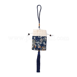 Bustina di broccato, borsa ricamata floreale con coulisse, rettangolo con nappa, blu di Prussia, 42cm, borsa: 12.5x8.8x0.2 cm, tallone: ​​0.8~0.9 cm, Nappa: 12.5x1cm