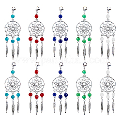 Nbeads 25Pcs 5 Colors Dyed Synthetic Turquoise Big Pendants, with Tibetan Style Alloy Findings and 304 Stainless Steel Lobster Claw Clasps, Woven Net/Web with Feather, Mixed Color, 90mm, 5pcs/color