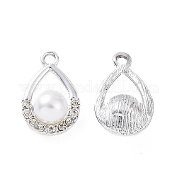 Ciondoli in lega strass di cristallo, con perline in abs di plastica imitazione perla, ciondoli a goccia, platino, 21x13.5x9mm, Foro: 2.5 mm