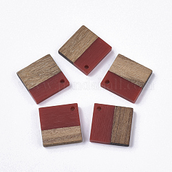 Pendentifs en bois de résine et de noyer, losange, rouge foncé, 24x24x3~4mm, Trou: 2mm