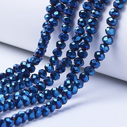 Placcare trasparente perle di vetro fili, pieno placcato, sfaccettato, rondelle, blu placcato, 4x3mm, Foro: 0.4 mm, circa 123~127pcs/filo, 16.5~16.9 pollice (42~43 cm)