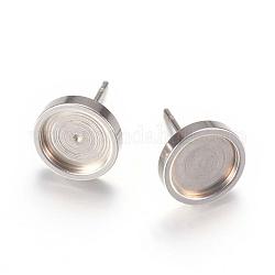 201 Stainless Steel Stud Earring Settings, with 304 Stainless Steel Pins, Stainless Steel Color, Tray: 8mm, 10mm