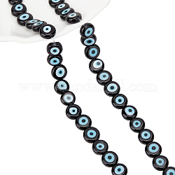 Nbeads 1 Strand Handmade Evil Eye Lampwork Beads Strands, Flat Round, Black, 8x3.2mm, Hole: 1mm