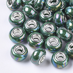 Perles européennes en résine opaque, Perles avec un grand trou   , imitation porcelaine, en laiton de tonalité de platine noyaux doubles, couleur ab , rondelle, dark cyan, 14x9mm, Trou: 5mm
