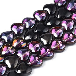 Abalorios de vidrio electroplate hebras, medio chapado, corazón, púrpura chapado, 9~10x10x5.5mm, agujero: 0.8 mm, aproximamente 70~71 pcs / cadena, 25.20 pulgada ~ 26.38 pulgadas (64~67 cm)