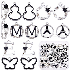 SUNNYCLUE 35Pcs 7 Style UV Plated Alloy Rhinestone Pendants, with Enamel, Resin and ABS Plastic Imitation Pearl, Cadmium Free & Lead Free, Safety Pin & Flat Round & Butterfly & Gourd & Letter E & M & Star, Platinum, 13.5~26x11~18x2~7mm, hole: 1.6~2.5mm, 5pcs/style