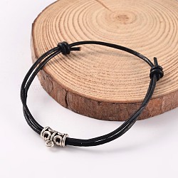 Peau de vache réglable bracelets de cuir cordon, avec les accessoires en alliage, argent antique, noir, 55mm