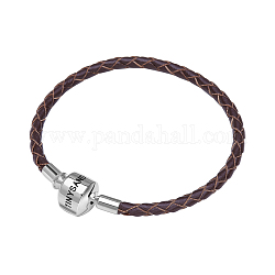 TINYSAND Rhodium Plated 925 Sterling Silver Braided Leather Bracelet Making, with Platinum Plated European Clasp, Brown, 180mm