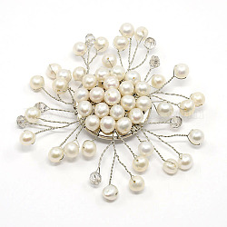 Elegant Mothers Day Gifts Huge Flower Natural Pearl Brooches, with Brass, Stainless Steel Findings and Glass Beads, Beige, 65mm