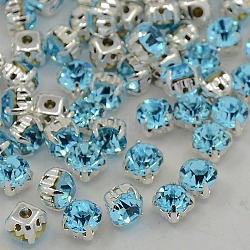 Sew on Rhinestone, Grade A Glass Rhinestone, with Brass Prong Settings, Garments Accessories, Silver Color Plated Metal Color, Aquamarine, 5.44~5.61x5.44~5.61mm, Hole: 1mm, about 720pcs/bag