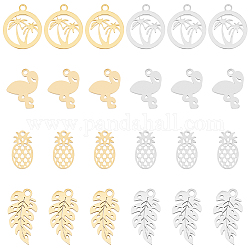 DICOSMETIC 32Pcs 4 Styles Tropical Charms 2 Colors Pineapple Charms Cute Flamingo Pendants Hawaii Ring with Coconut Tree Charms Stainless Steel Pendants for DIY Jewelry Crafts, Hole: 1~1.4mm