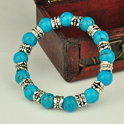 Bracelets de style tibétain à la mode, Bracelets élastiques, avec des perles de pierres fines, turquoise synthétique, 53mm