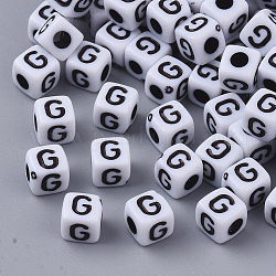 Белые непрозрачные акриловые бусины, горизонтальное отверстие, куб с черным алфавитом, letter.g, 4~5x4~5x4~5 мм, отверстие : 1.8 мм, Около 6470~6500 шт / 500 г