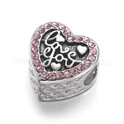 Perles européennes en 304 acier inoxydable, Perles avec un grand trou   , avec strass, coeur avec mot t'aime, pour la Saint Valentin, rose clair, argent antique, 12x12x7mm, Trou: 4mm